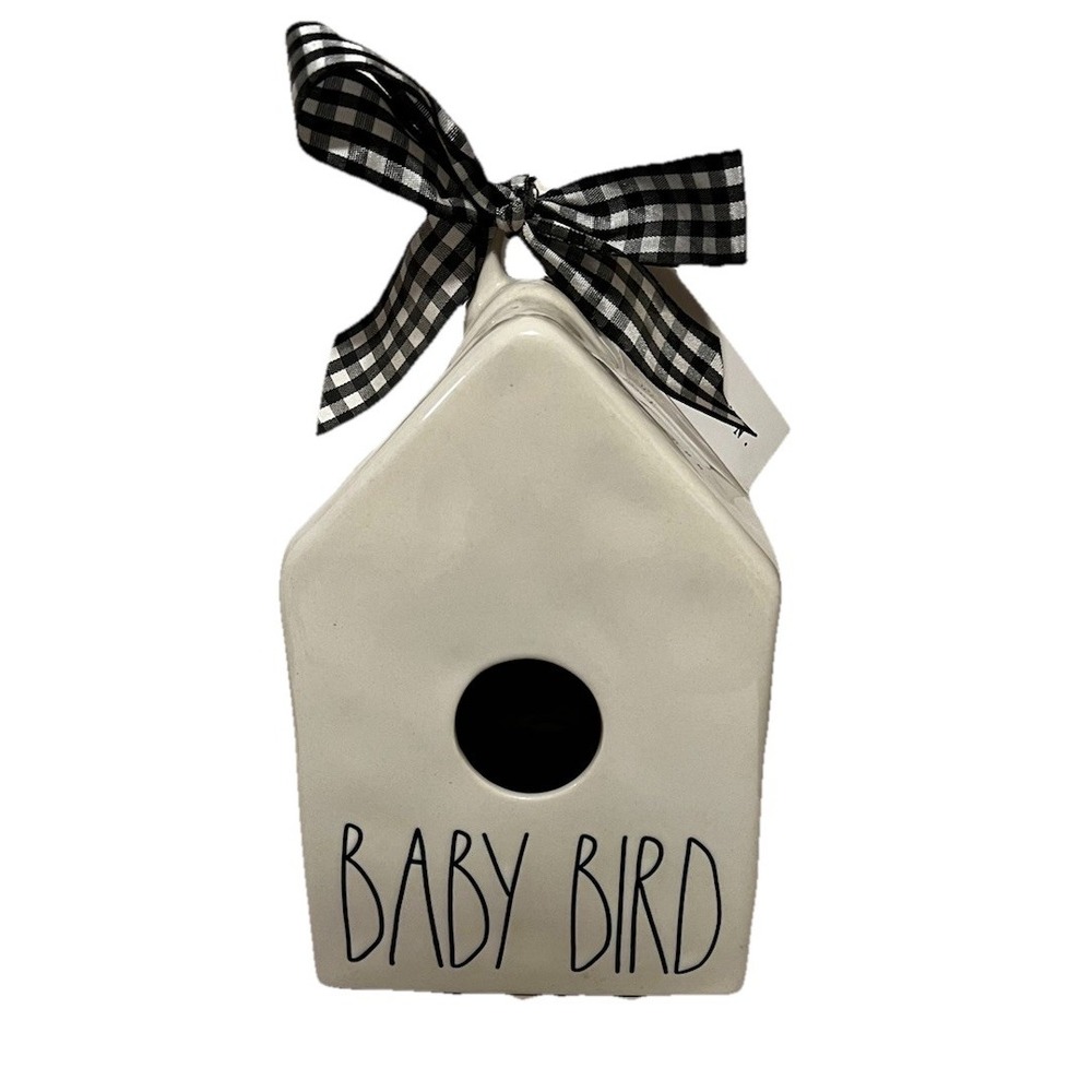 Rae Dunn Baby Bird Birdhouse White With black Letters Plaid Bow